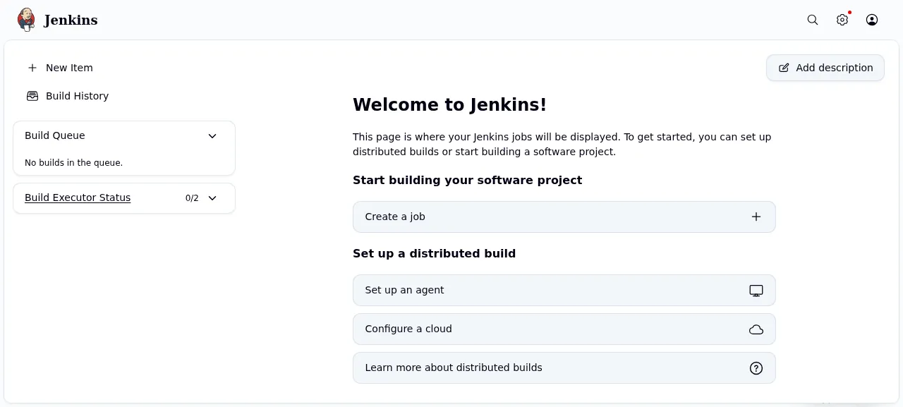 The Jenkins dashboard with Welcome to Jenkins after signing in